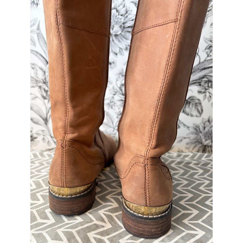 Very Votatile Mel Women's Brown Leather High Boots Size 7.5 Gold Trim - Picture 6 of 7